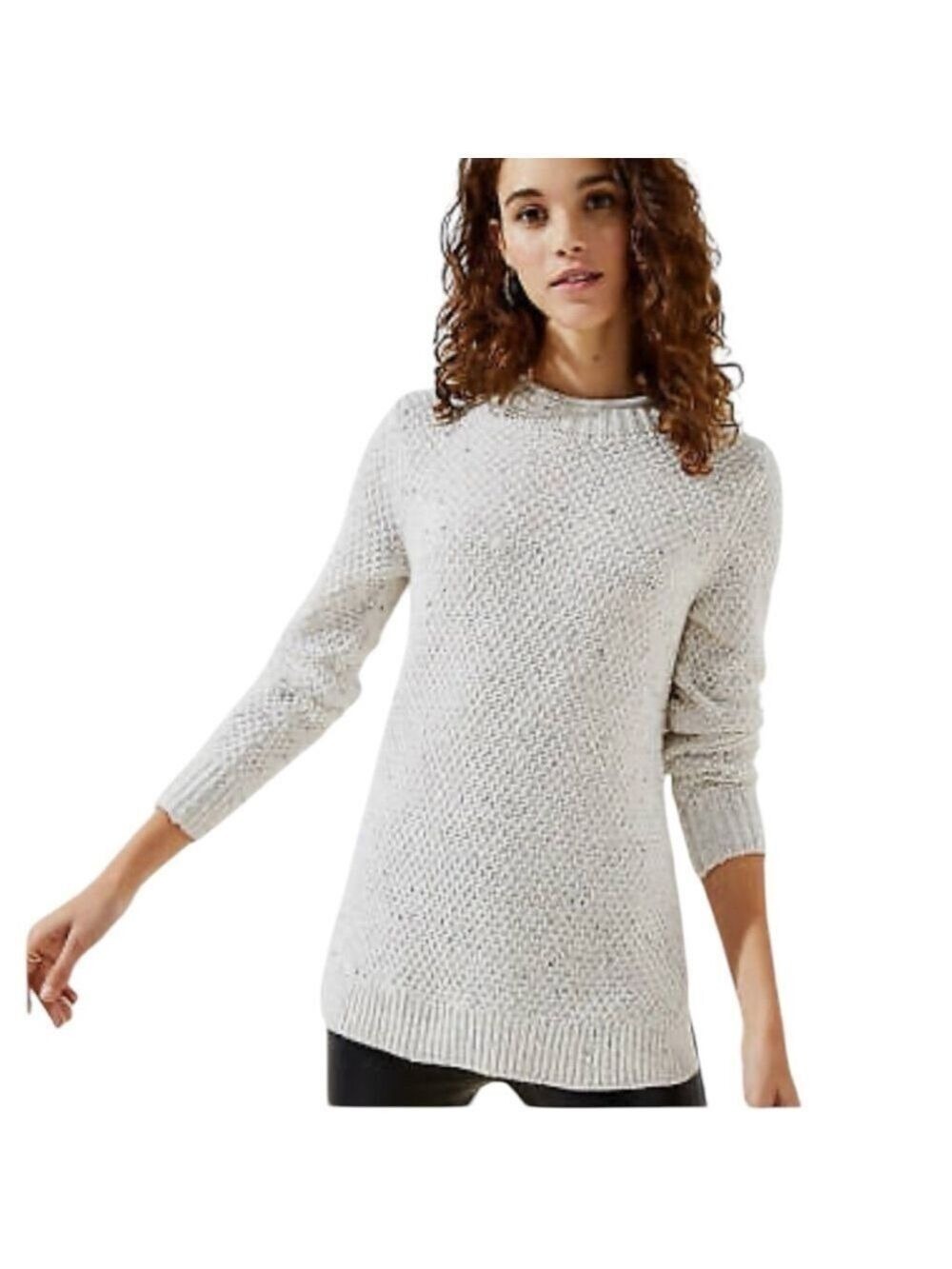 LOFT Women's Flecked Mock Neck Cotton Blend Sweater -Ivory Multi - Size L